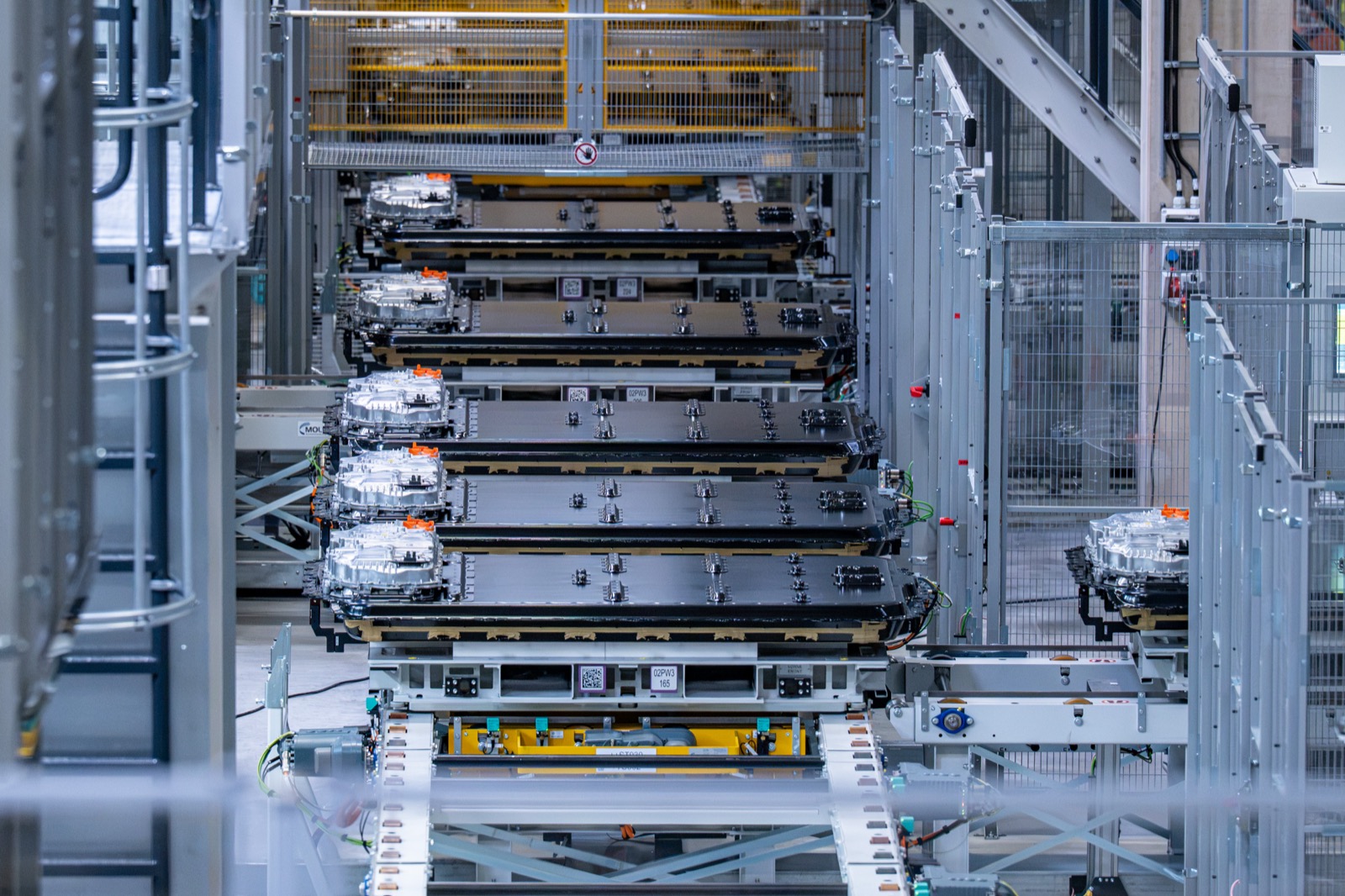 High-voltage battery packs on the assembly line at BMW Group Plant Irlbach-Strasskirchen