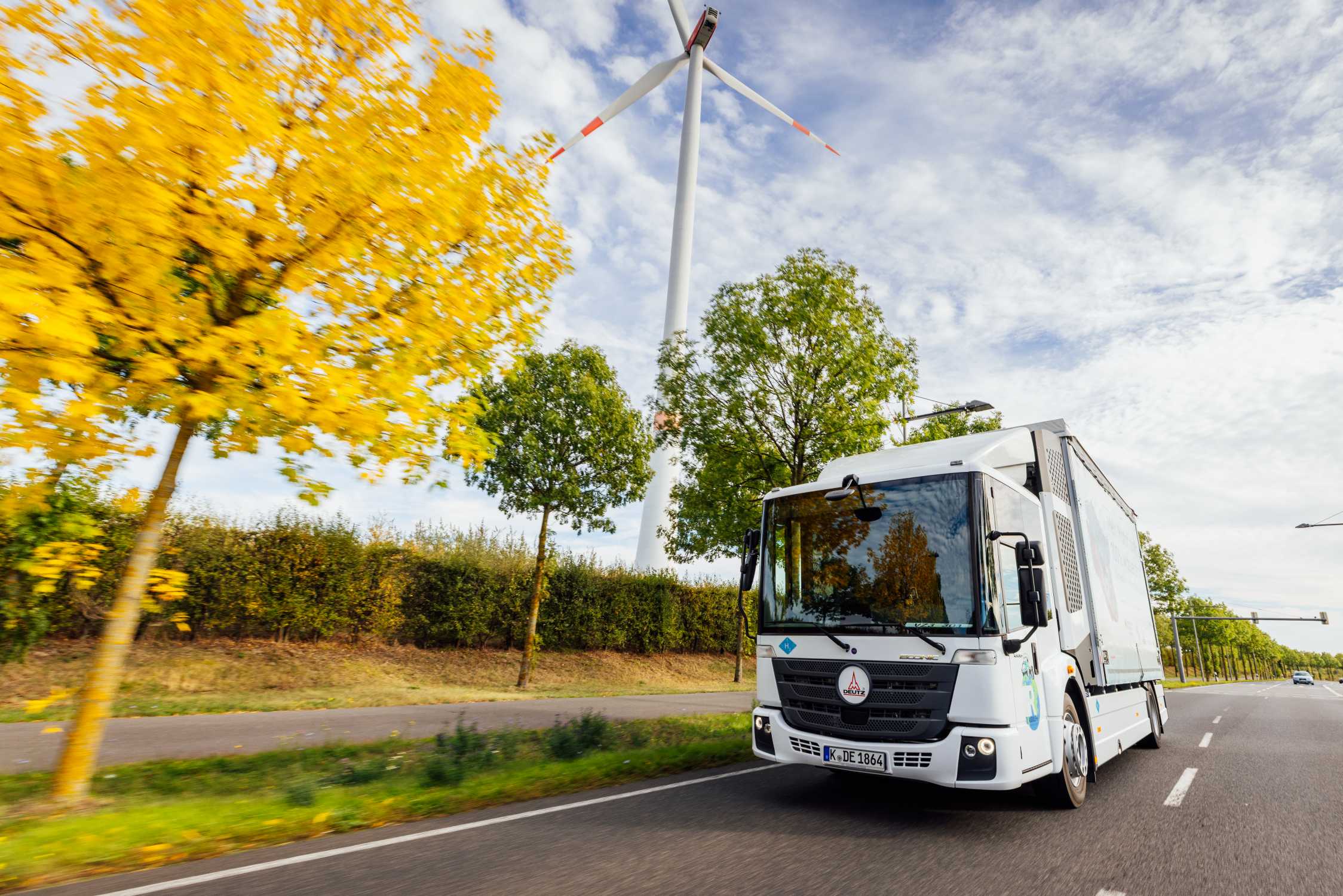 Hydrogen-combustion logistics truck photographed on a road at BMW’s Leipzig plant