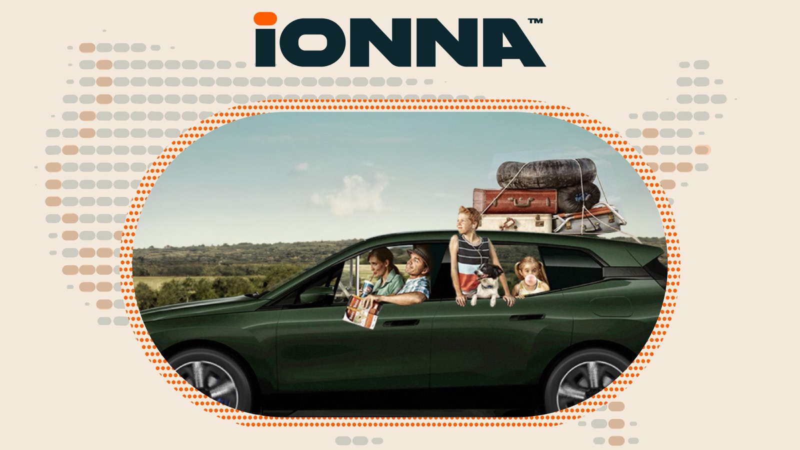 IONNA promotional artwork showing a family in a car beneath the IONNA logo
